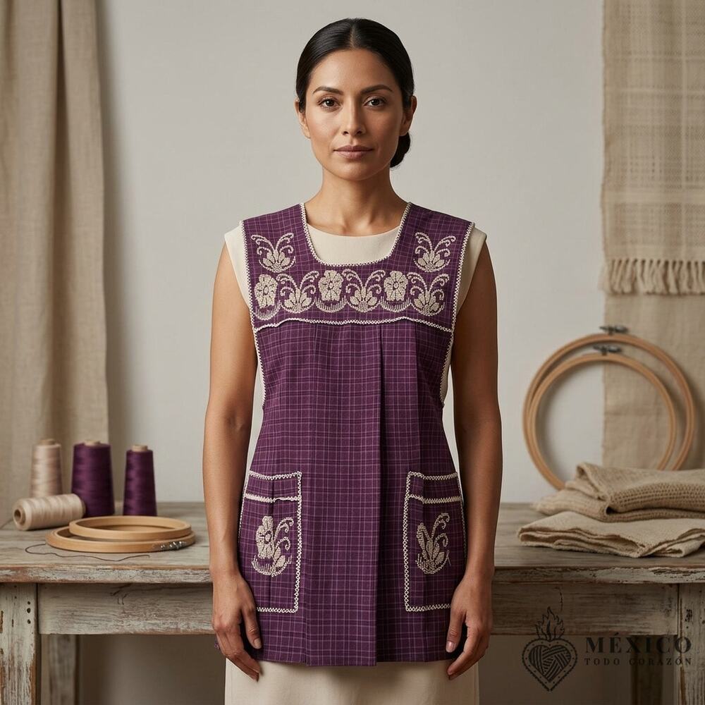 Traditional Mexican Cross-Stitch Embroidered Apron – Deluxe Artisan Smock Style